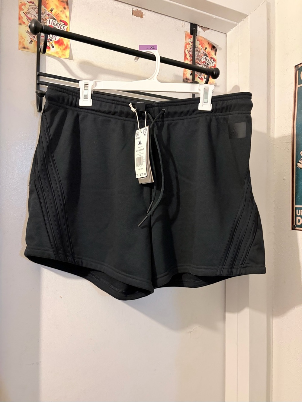 Adidas- size XL- black on black fleece 3 stripes shorts with tie string. NWT